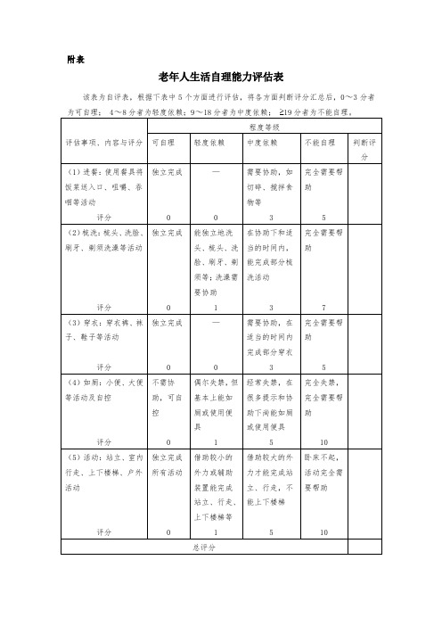 老年人生活自理能力评估表