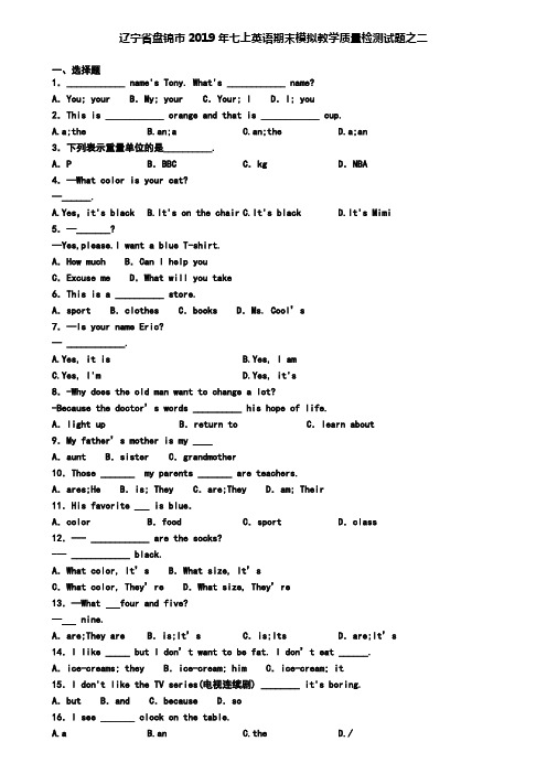 辽宁省盘锦市2019年七上英语期末模拟教学质量检测试题之二