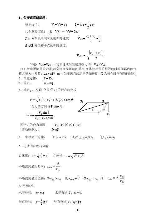 (完整版)必修一必修二教科版物理公式大全