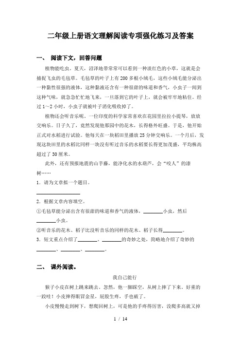 二年级上册语文理解阅读专项强化练习及答案