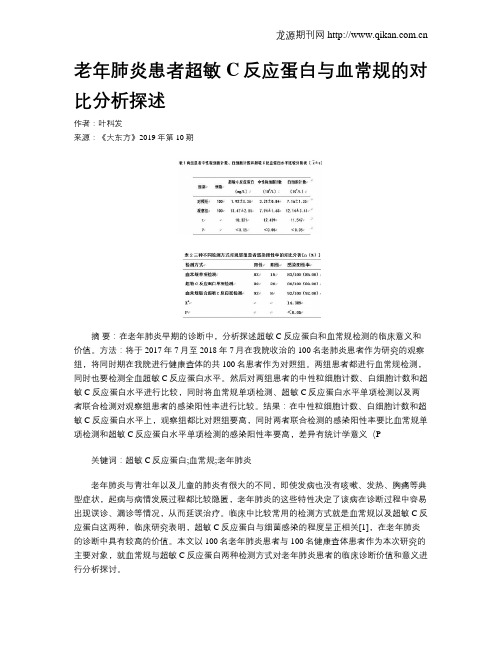 老年肺炎患者超敏C反应蛋白与血常规的对比分析探述