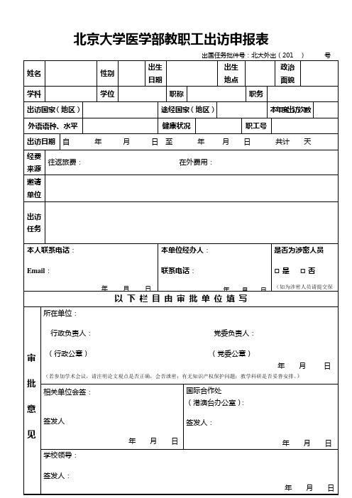 《北京大学医学部教职工出访申报表》