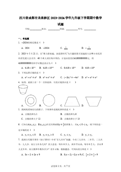 四川省成都市龙泉驿区2023-2024学年九年级下学期期中数学试题