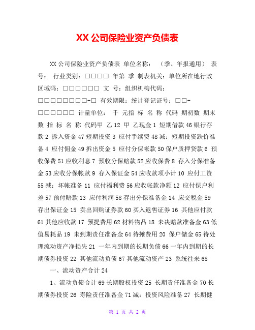 XX公司保险业资产负债表