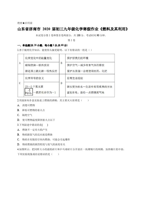 山东省济南市2020届初三九年级化学寒假作业《燃料及其利用》含答案