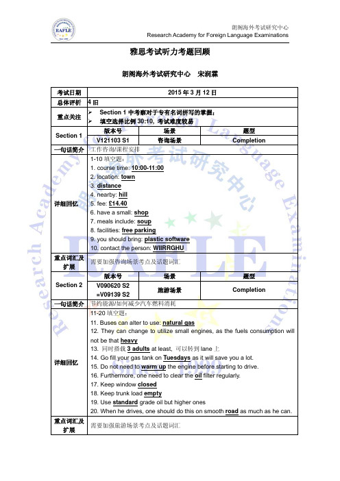 2015年03月12日雅思听力考题回顾