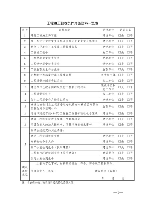 工程竣工验收条件齐备资料表