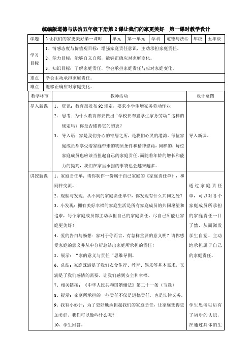 五年级下册道德与法治2让我们的家更美好  第一课时教案