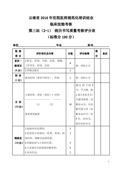 住院医师规培考试结业：第三站-2-1病历书写质量考核评分标准