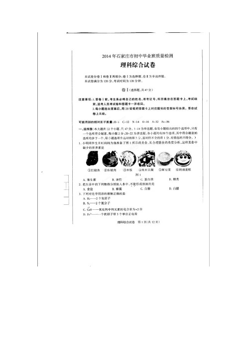 河北省石家庄市2014届九年级下学期第二次模拟理科综合试题(扫描版)