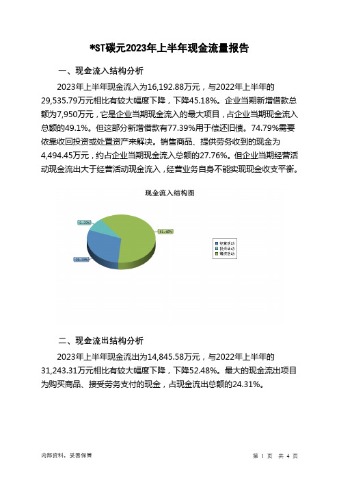 603133ST碳元2023年上半年现金流量报告