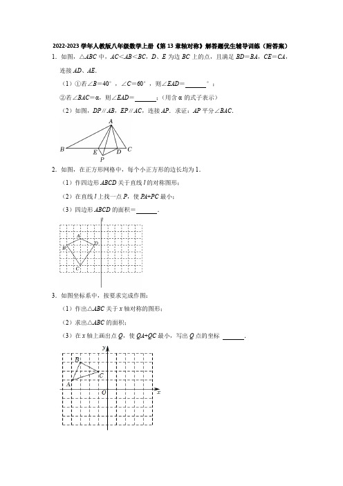 2022-2023学年人教版八年级数学上册《第13章轴对称》解答题优生辅导训练(附答案)