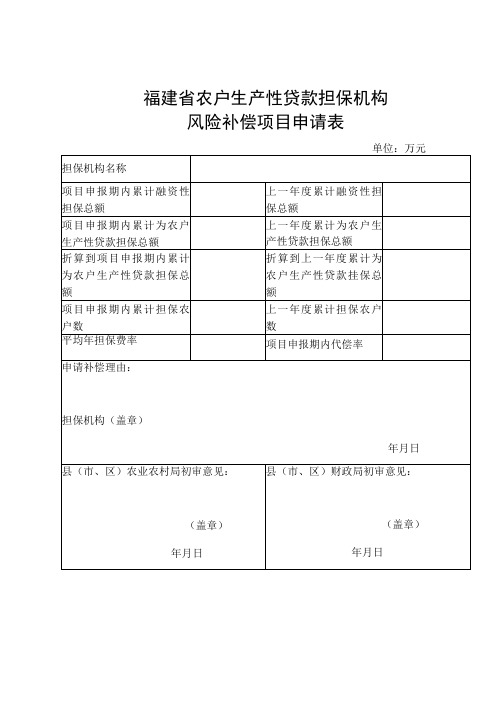 福建省农户生产性贷款担保机构风险补偿项目申请表