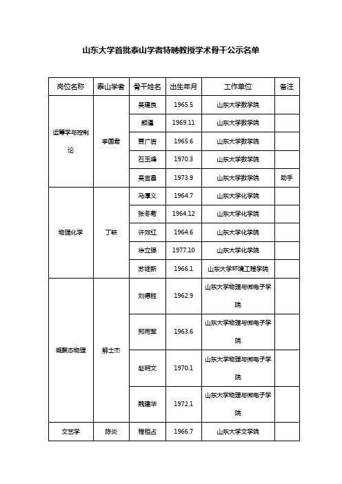 山东大学首批泰山学者特聘教授学术骨干公示名单