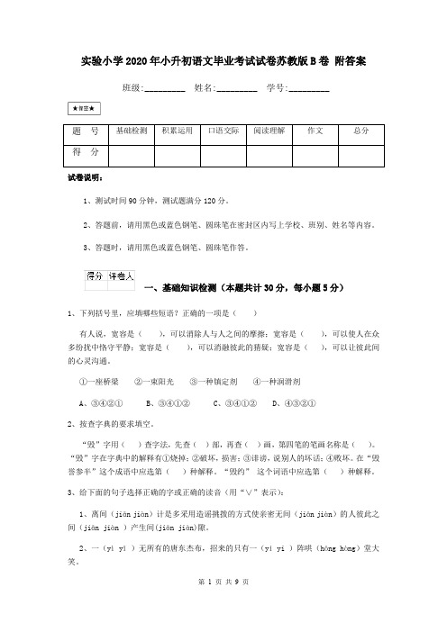 实验小学2020年小升初语文毕业考试试卷苏教版B卷 附答案