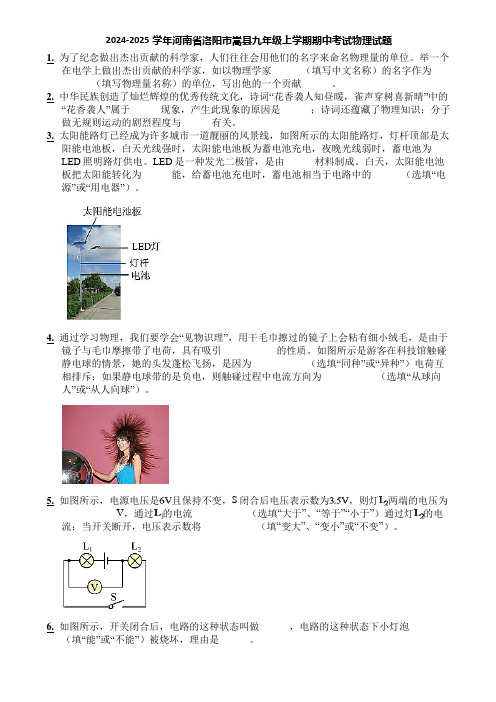 2024-2025学年河南省洛阳市嵩县九年级上学期期中考试物理试题