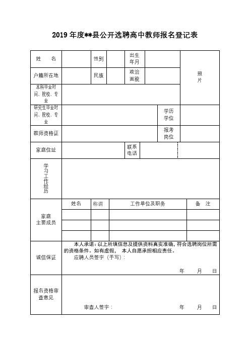 2019年度XX县公开选聘高中教师报名登记表【模板】