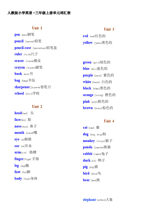 新版PEP小学英语小学英语三年级·单词表(附音标)