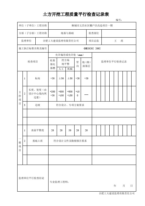 土方开挖工程质量平行检查记录表