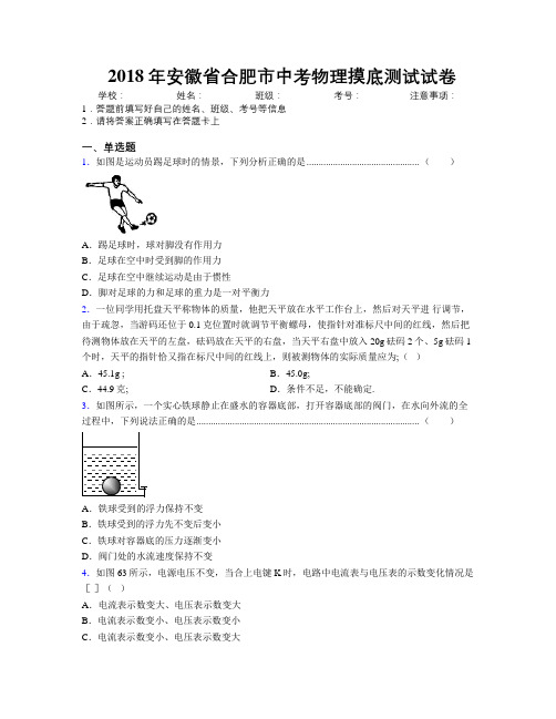 最新2018年安徽省合肥市中考物理摸底测试试卷及解析