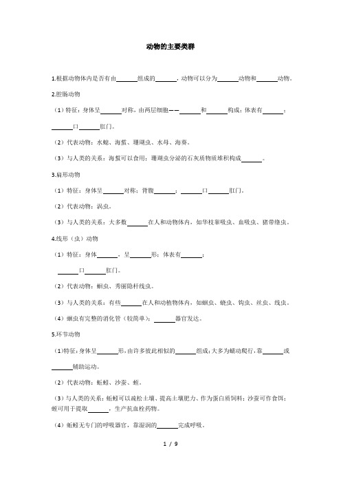 人教版八年级上册第一章 动物的主要类群 同步练习(无答案)