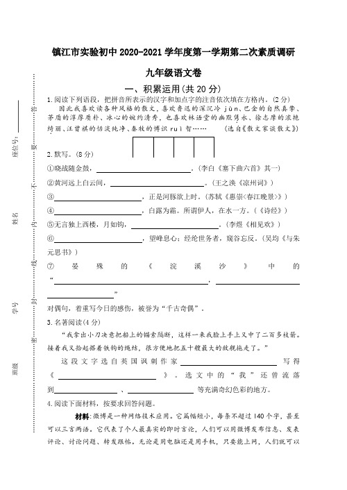 最新苏教版镇江市实验初中九年级语文第二次调研试卷及答案