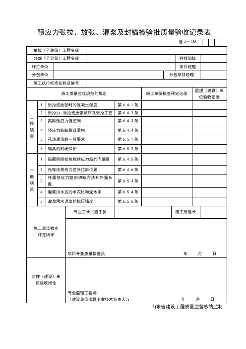 JJ136预应力张拉、放张、灌浆及封锚检验批质量验收记录表