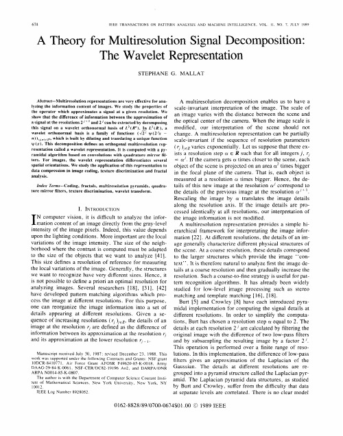 A Theory for Multiresolution Signal Decomposition The Wavelet ...