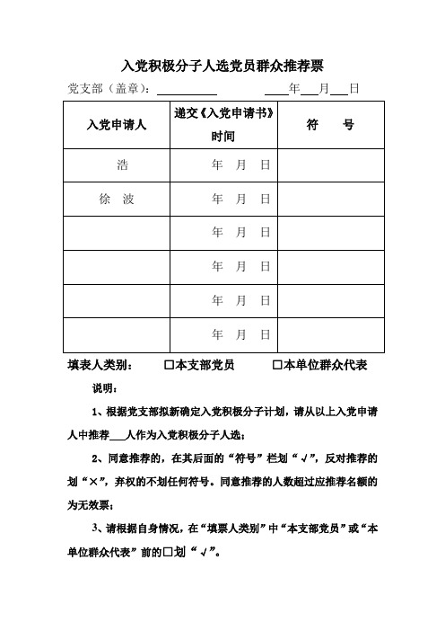 入党积极分子人选党员群众民主推荐票