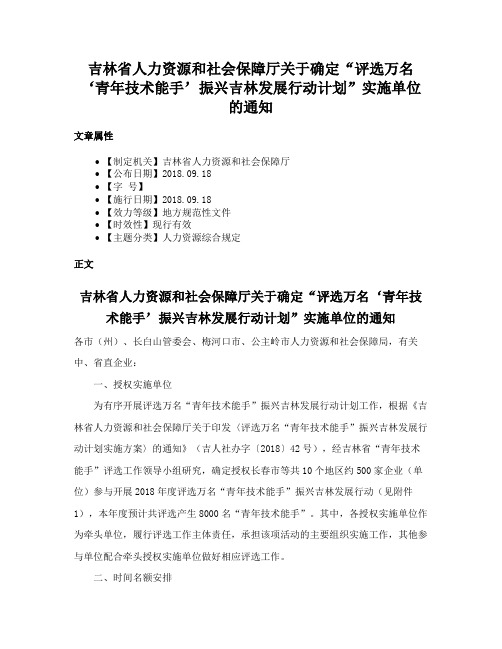 吉林省人力资源和社会保障厅关于确定“评选万名‘青年技术能手’振兴吉林发展行动计划”实施单位的通知