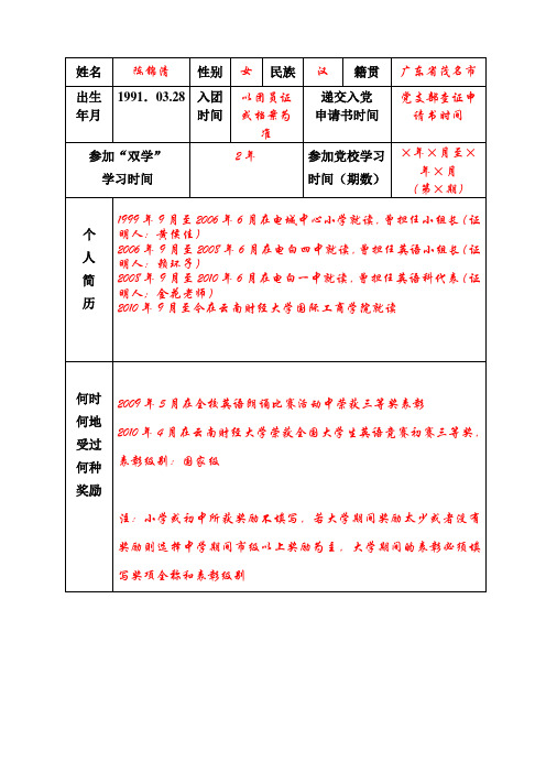 云南财经大学“推优”表填写规范