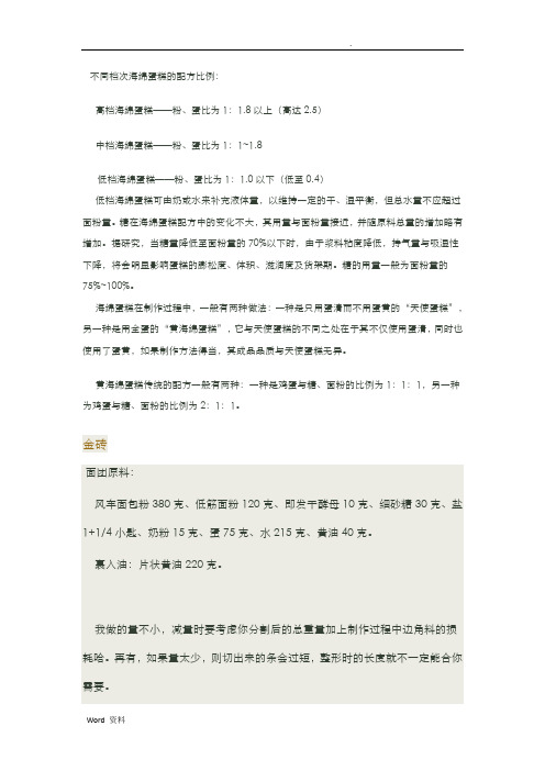 不同档次海绵蛋糕的配方比例