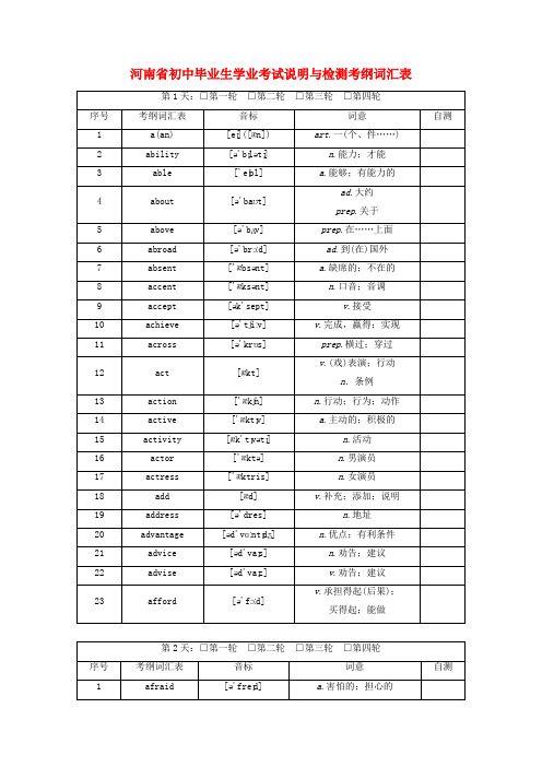 河南省初中毕业生学业考试说明与检测考纲词汇表
