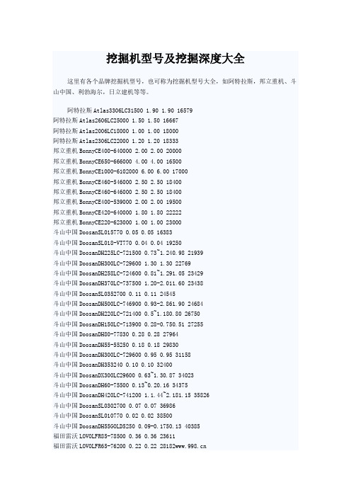 挖掘机型号及挖掘深度大全