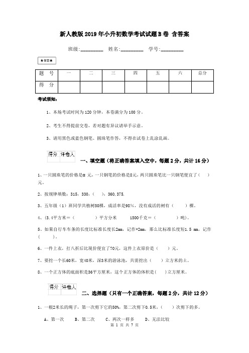 新人教版2019年小升初数学考试试题B卷 含答案