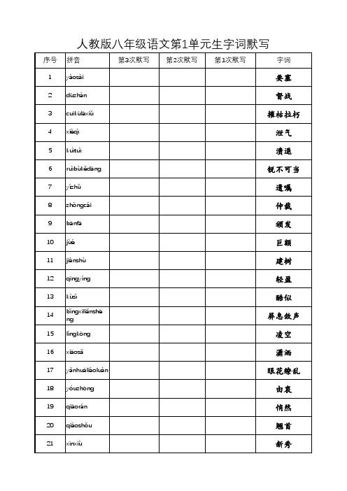 人教版语文八年级上册字词拼音复习默写版excel一键打印版