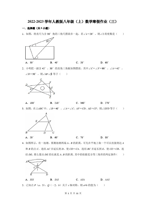 2022-2023学年人教版八年级(上)数学寒假作业(三)