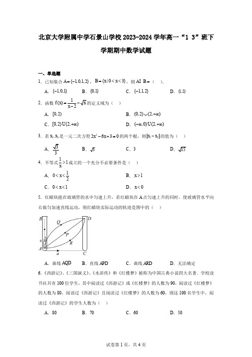 北京大学附属中学石景山学校2023-2024学年高一“13”班下学期期中数学试题