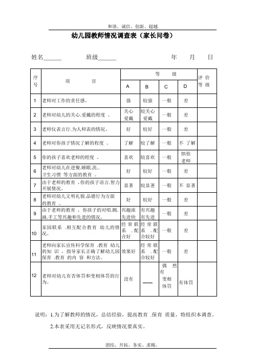 教师情况调查表(家长问卷)模板