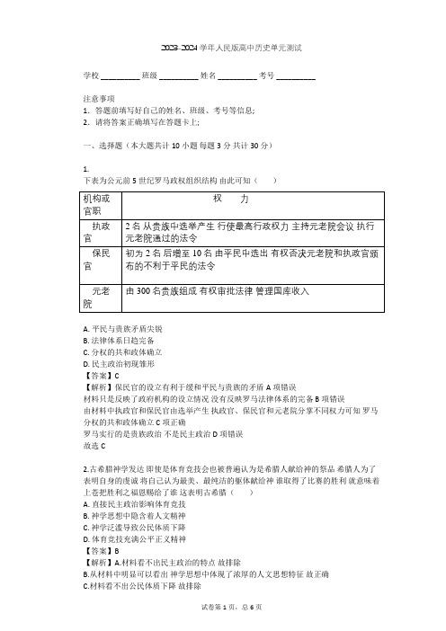 2023-2024学年高中历史人民版必修1专题六 古代希腊、罗马的政治文明单元测试(含答案解析)