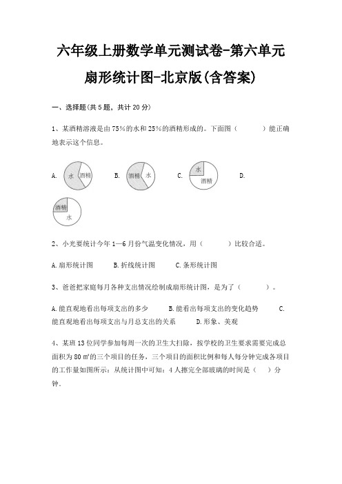 六年级上册数学单元测试卷-第六单元 扇形统计图-北京版(含答案)