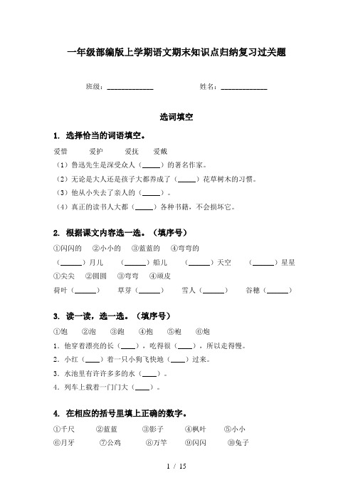 一年级部编版上学期语文期末知识点归纳复习过关题