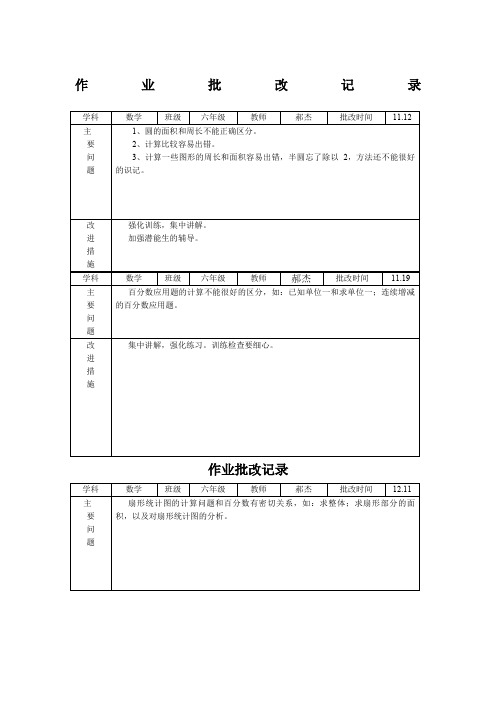 六年级数学作业批改记录