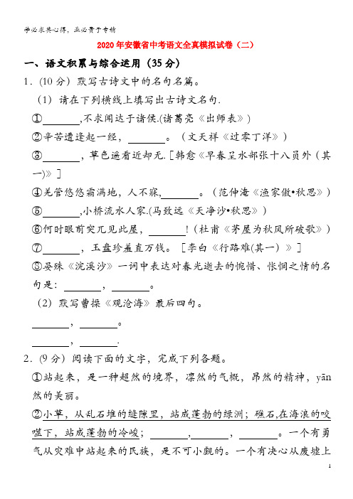 安徽省2020年中考语文全真模拟试卷(二)(含解析)