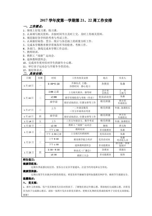 2017学年度第一学期第21、22周工作安排