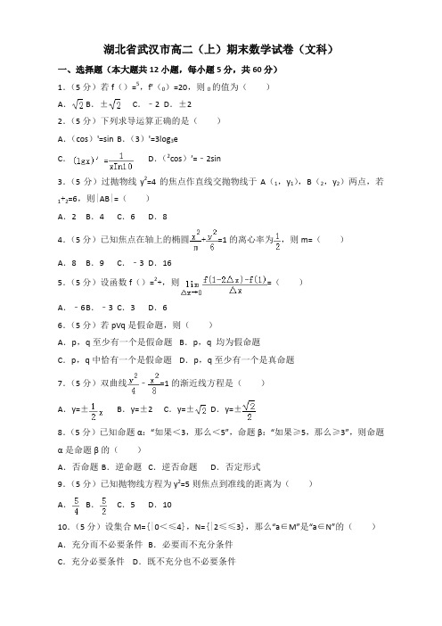 2019-2020年湖北省武汉市高二上册期末数学文科试卷(2)含解析【优质版】