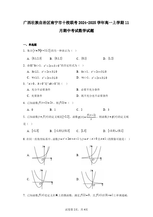 广西壮族自治区南宁市十校联考2024-2025学年高一上学期11月期中考试数学试题