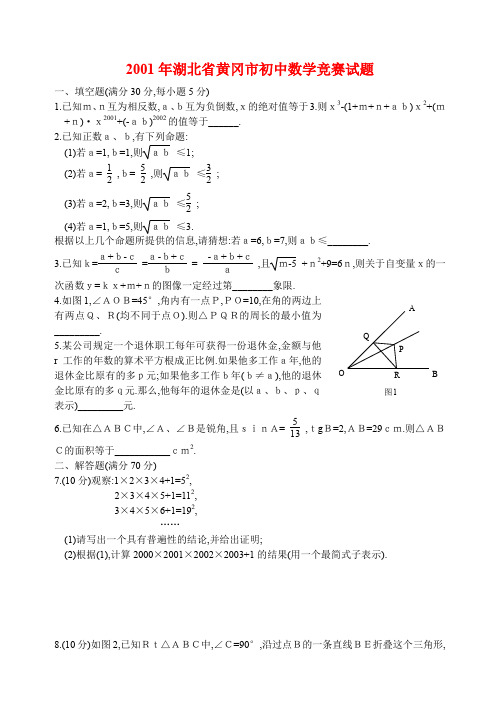 2001年湖北省黄冈市初中数学竞赛试题.doc