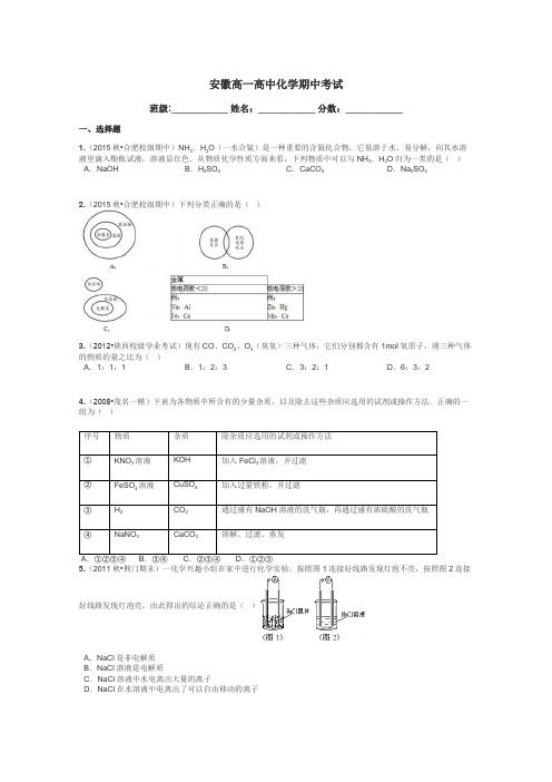 安徽高一高中化学期中考试带答案解析
