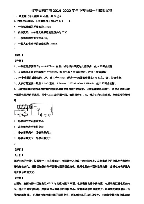 辽宁省营口市2019-2020学年中考物理一月模拟试卷含解析〖加5套中考模拟卷〗